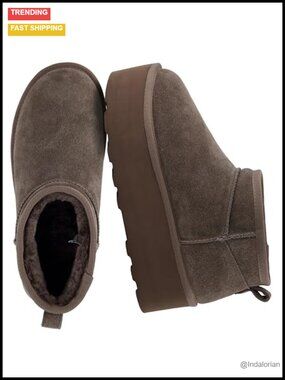 Platform Ankle Boots Genuine Suede Faux Fur Lined Slip-On